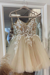 Party Dresses Outfit, Beige Spaghetti Straps Homecoming Dress With Appliques