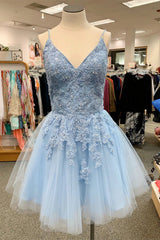 Party Dress Designer, Blue Spaghetti Straps Homecoming Dress With Appliques