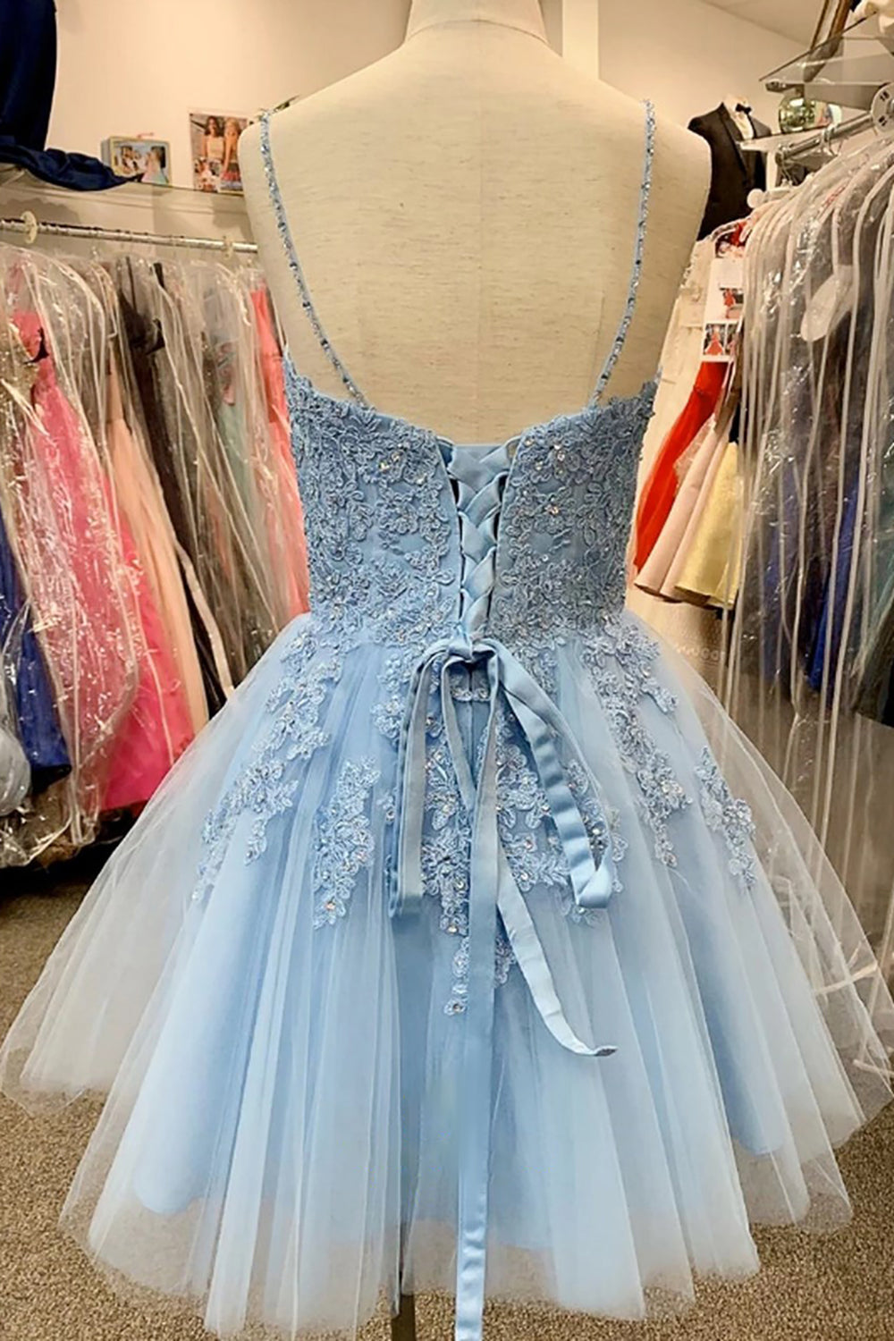 Party Dresses Design, Blue Spaghetti Straps Homecoming Dress With Appliques