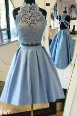 Party Dress Code, Halter Lace Blue Homecoming Dress