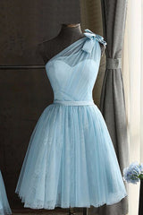 Party Dresses Designs, One Shoulder Blue Homecoming Dress With Bowknot