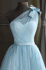 Party Dresses Teens, One Shoulder Blue Homecoming Dress With Bowknot