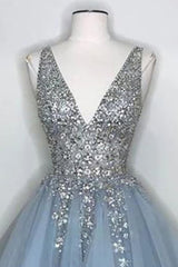 Party Dress Styling Ideas, Blue V Neck Homecoming Dress With Beadings