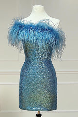 Black Prom Dress, Light Blue Sparkly Tight Sequins Homecoming Dress with Feathers