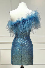 Prom Dresses White And Gold, Light Blue Sparkly Tight Sequins Homecoming Dress with Feathers