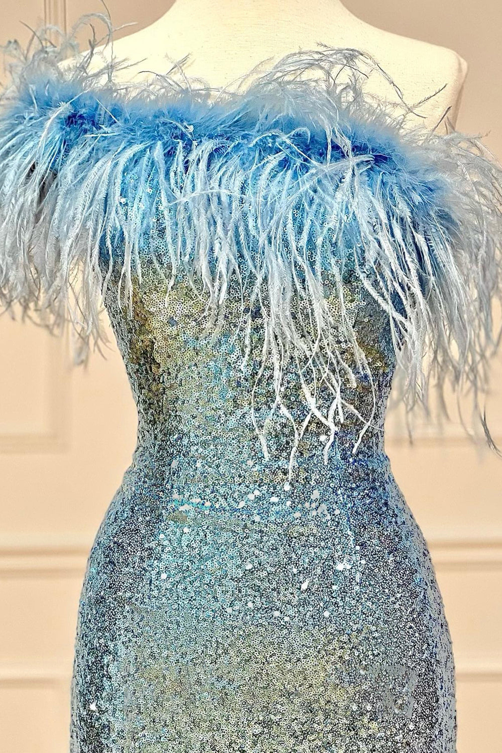 Prom Dresses Brown, Light Blue Sparkly Tight Sequins Homecoming Dress with Feathers