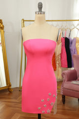 Wedding Guest Dress, Pink Tight Short Homecoming Dress with Star and Fringes