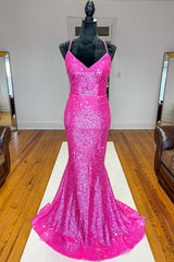 Prom Dress With Tulle, Fuchsia Mermaid Backless Sequined Prom Dress
