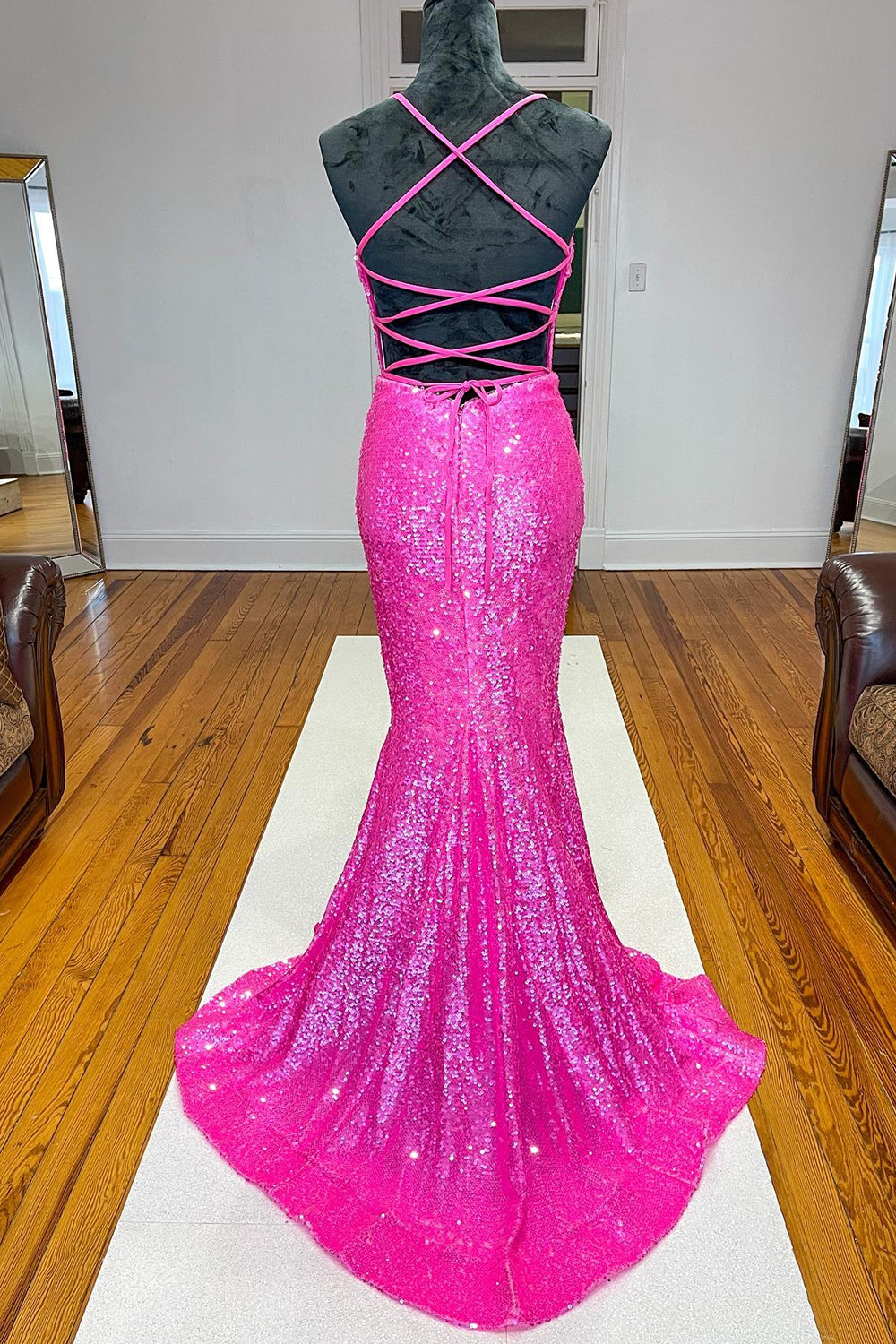 Prom Dresses Champagne, Fuchsia Mermaid Backless Sequined Prom Dress