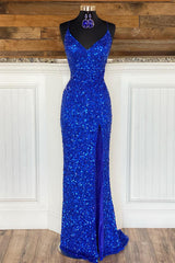 Homecomming Dresses Cute, Mermaid Spaghetti Straps Royal Blue Sequins Long Prom Dress