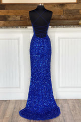 Homecoming Dresses Cute, Mermaid Spaghetti Straps Royal Blue Sequins Long Prom Dress