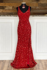 Homecoming Dress With Tulle, Sheath Spaghetti Straps Red Sequins Prom Dress with Split Front