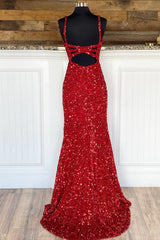 Homecoming Dresses With Tulle, Sheath Spaghetti Straps Red Sequins Prom Dress with Split Front