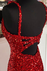 Homecomeing Dresses Blue, Sheath Spaghetti Straps Red Sequins Prom Dress with Split Front