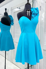 Party Dress Maxi, A Line One Shoulder Blue Short Homecoming Dress