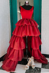 Party Dresses Casual, Red High Low Tiered Homecoming Dress