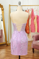 Flower Dress, Purple Lace Tight Short Hoco Dress