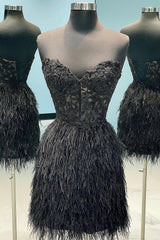 Party Dress Inspiration, Black Lace Tight Short Homecoming Dress with Feathers
