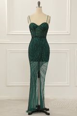 Party Dresses Black, Dark Green Sequin Sparkly Prom Dress with Slit