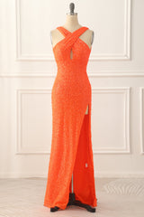 Bridesmaid Dress Green, Orange Halter Backless Sequins Prom Dress with Slit