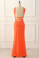 Bridesmaids Dresses Green, Orange Halter Backless Sequins Prom Dress with Slit