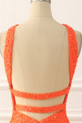 Bridesmaid Dresses 2034, Orange Halter Backless Sequins Prom Dress with Slit