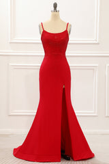 Evening Dress Black, Red Mermaid Long Prom Dress with Beading
