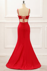Evening Dresses Black, Red Mermaid Long Prom Dress with Beading