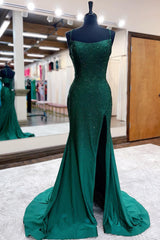 Homecoming Dresses Online, Mermaid Spaghettti Straps Dark Green Sequins Long Prom Dress with Split Front