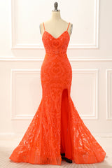 Bridesmaid Gown, Orange Mermaid Glitter Prom Dress with Slit