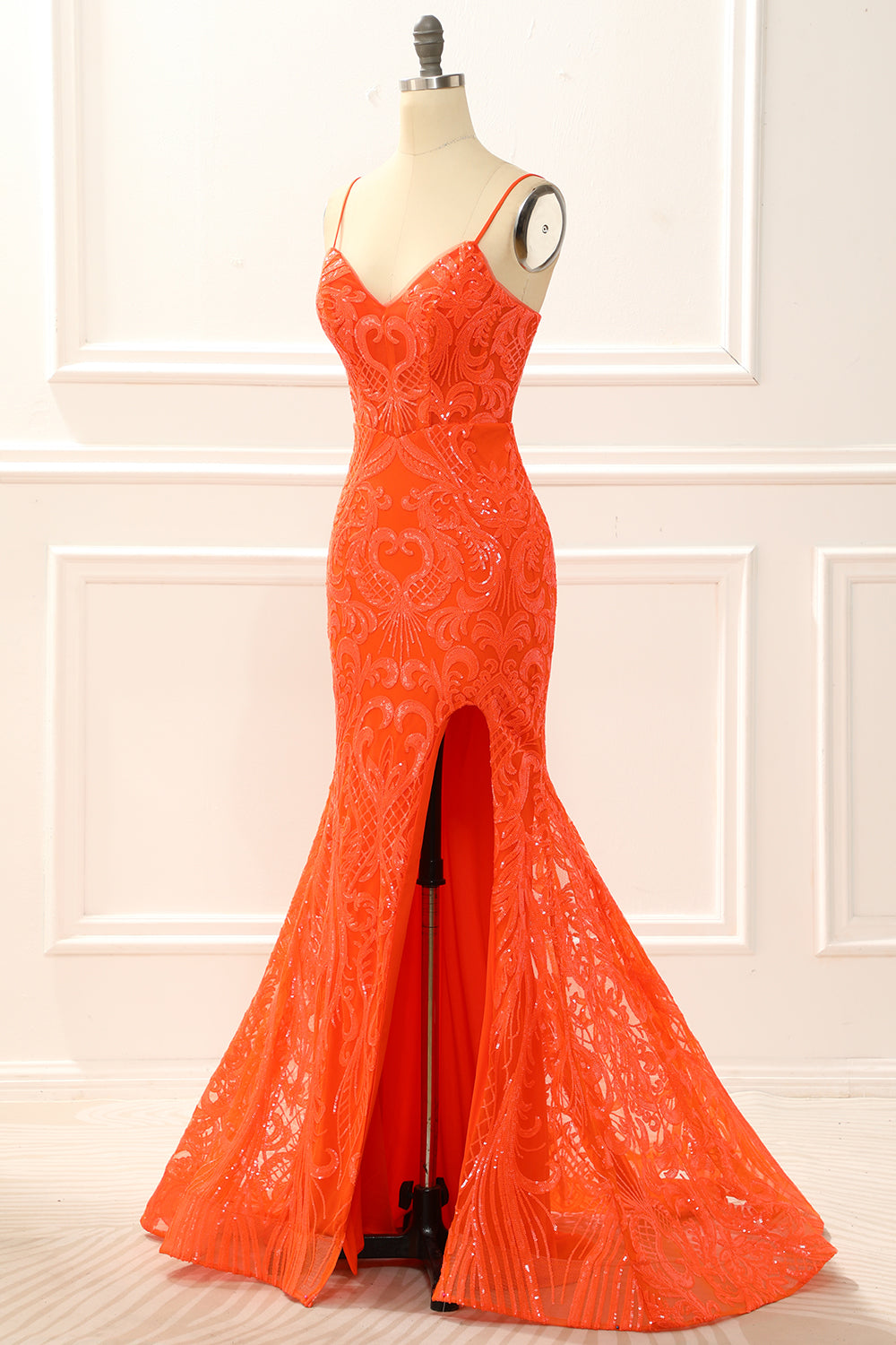 Champagne Prom Dress, Orange Mermaid Glitter Prom Dress with Slit
