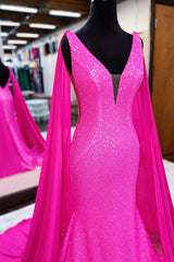 Homecoming Dresses Laces, Hot Pink Mermaid Prom Dress With Wateau Train