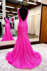 Homecoming Dresses Tight, Hot Pink Mermaid Prom Dress With Wateau Train