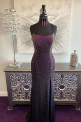 Prom Dress Princesses, Dark Purple Lace-Up Back Mermaid Prom Dress with Beading