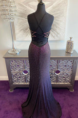 Prom Dresses Spring, Dark Purple Lace-Up Back Mermaid Prom Dress with Beading