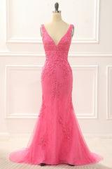 Homecoming Dresses 2033, Hot Pink Tulle Mermaid Prom Dress with Appliques