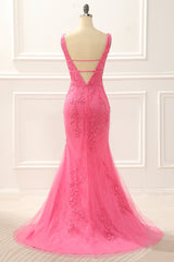 Homecoming Dress 2026, Hot Pink Tulle Mermaid Prom Dress with Appliques