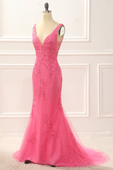Homecoming Dresses Formal, Hot Pink Tulle Mermaid Prom Dress with Appliques