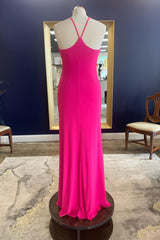 Prom Dress Blue, Sheath Halter Hot Pink Long Prom Dress with Silt