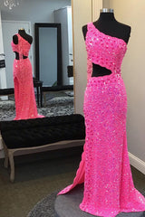 Homecomming Dress Black, Hot Pink One Shoulder Sequins Prom Dress with Slit