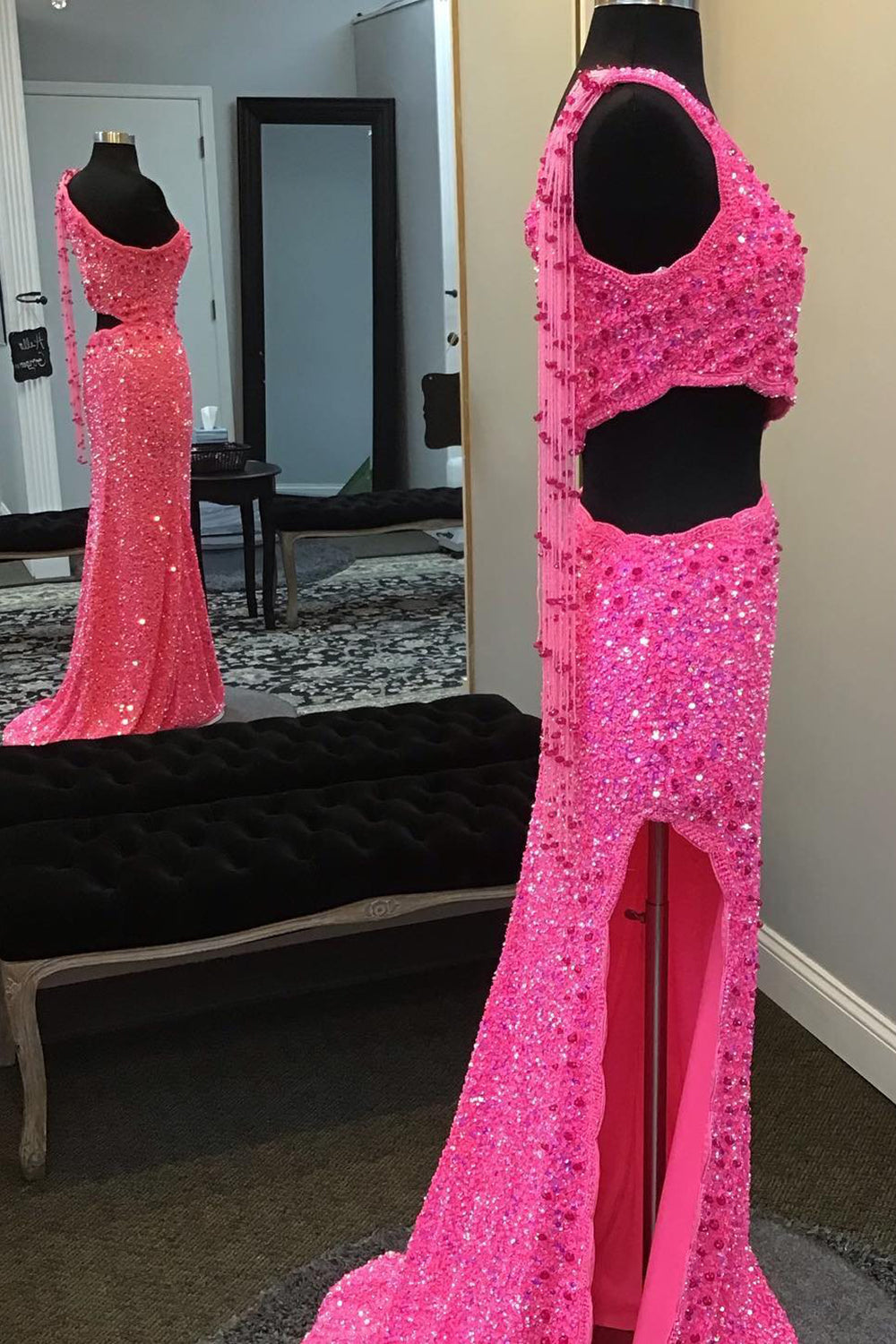 Homecoming Dress Black, Hot Pink One Shoulder Sequins Prom Dress with Slit