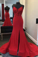 Prom Dresses For Blondes, Beaded Red Mermaid Prom Dress with Appliques