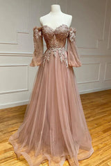 Homecoming Dresses Green, Blush Corset Off the Shoulder Long Prom Dress with Appliques
