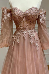 Homecoming Dresses Short Tight, Blush Corset Off the Shoulder Long Prom Dress with Appliques