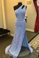 Prom Dressed A Line, Light Blue One Shoulder Cut-Out Mermaid Long Prom Dress with Fringes