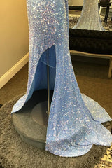 Prom Dress Different, Light Blue One Shoulder Cut-Out Mermaid Long Prom Dress with Fringes