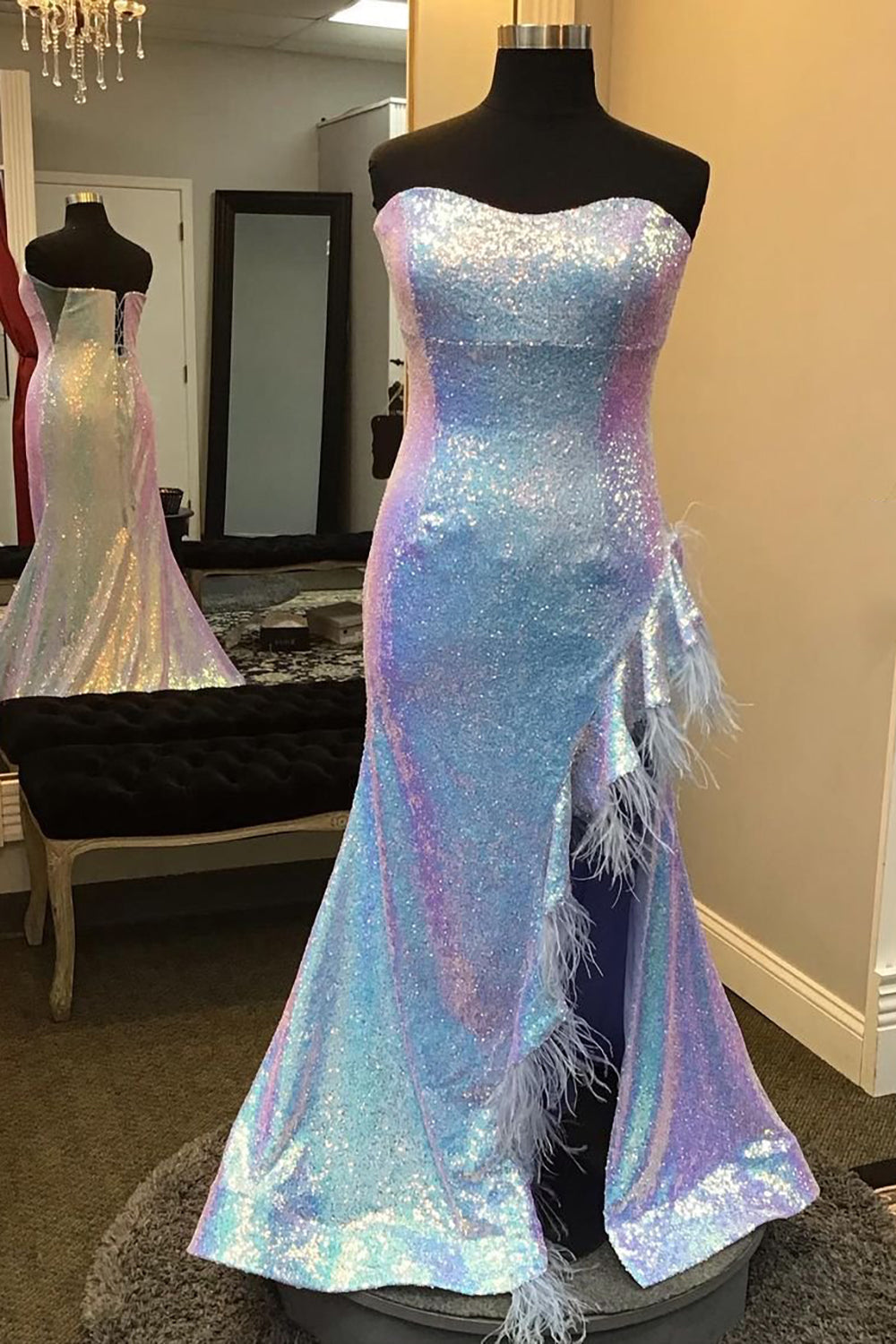 Prom Dress Spring, Plus Size Light Blue Sweetheart Mermaid Sequins Long Prom Dress with Feathers