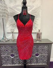 Party Dresses Ideas, Elegant V-Neck Cross Back Glitter Homecoming Dress
