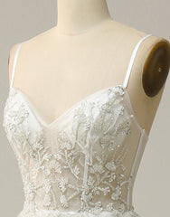 Prom Dresses With Pockets, White A-Line Spaghetti Straps Long Prom Dress With Beading