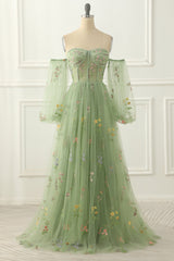 Mermaid Wedding Dress, Green Tulle Off the Shoulder A-line Prom Dress with Floral Embroidery